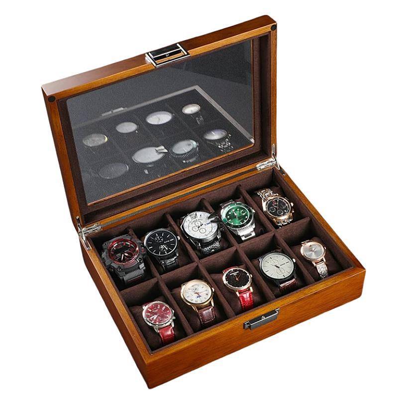 Wooden watch box with a glass lid and 12 cushioned compartments for organized storage of wristwatches.